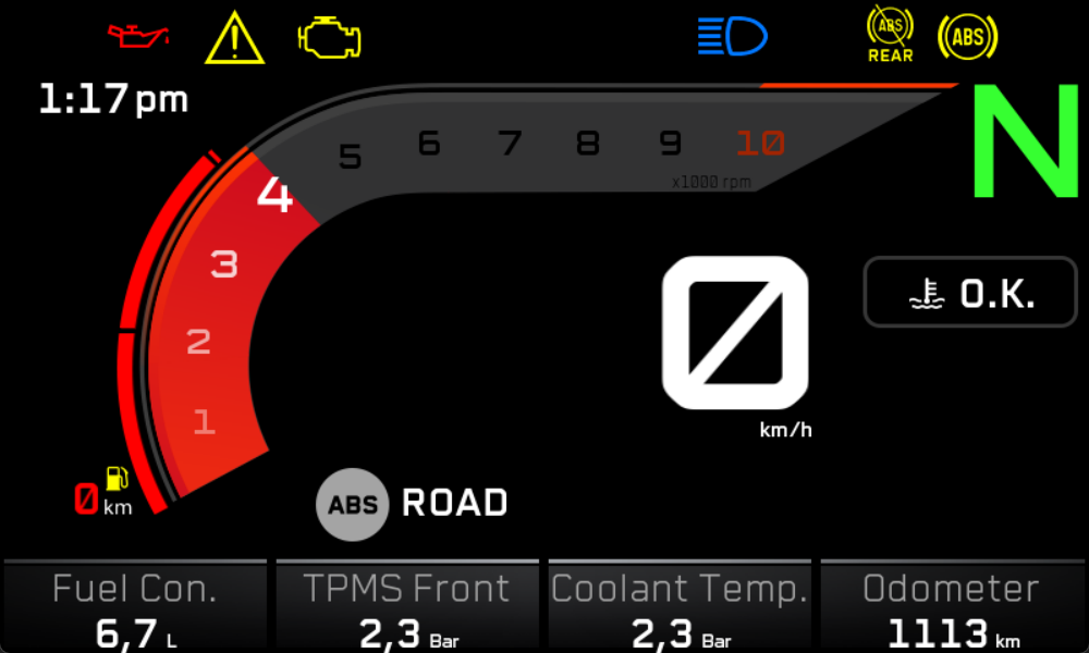 The fully composed cluster screen — telltales, main ride view and bottom bar together