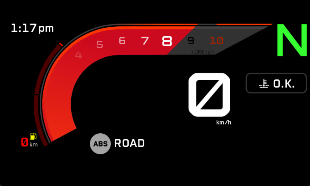 Main layer in isolation — tachometer ramp, gear indicator, speed and ride data, with the telltale strip and bottom bar absent