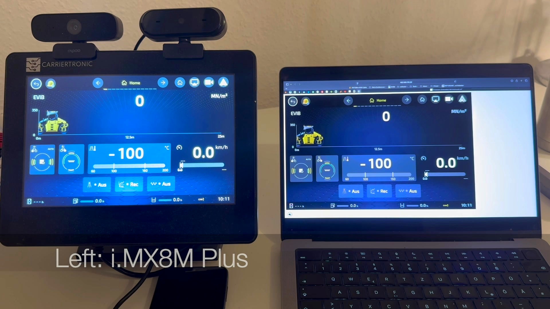CrossPlay WebRTC screen mirroring — EVIB HMI simultaneously on embedded i.MX8M device and laptop