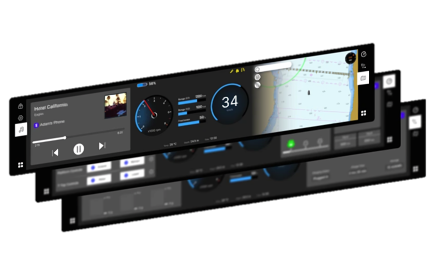 Crossware layered marine cockpit interface with navigation, media and instrumentation