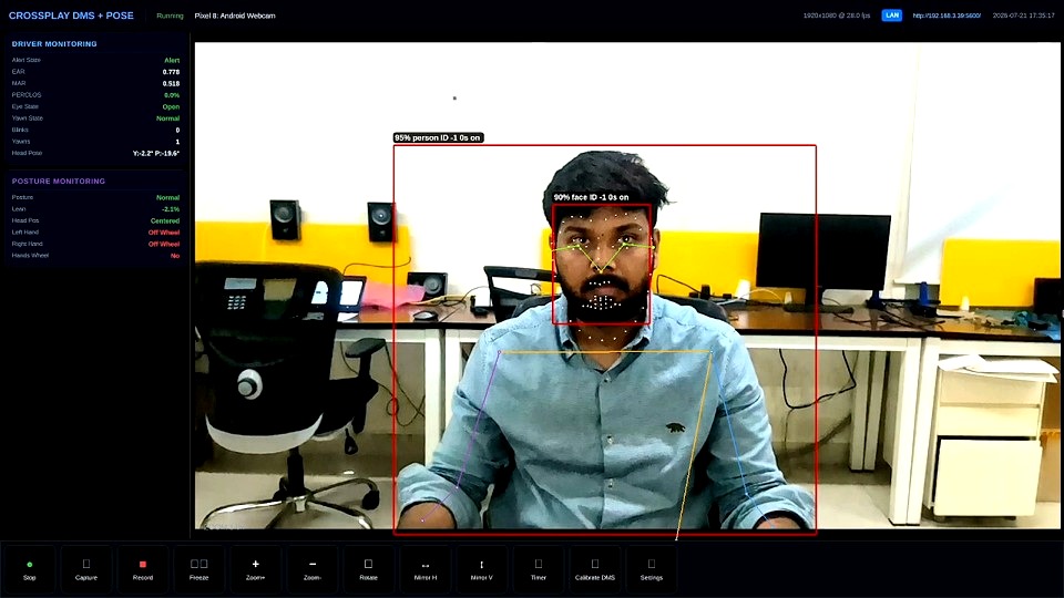 Crossware DMS — driver pose monitoring with body skeleton overlay