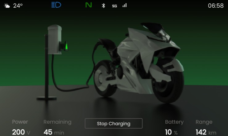 Eclipse EV motorcycle cluster — charging state with power, range and battery display