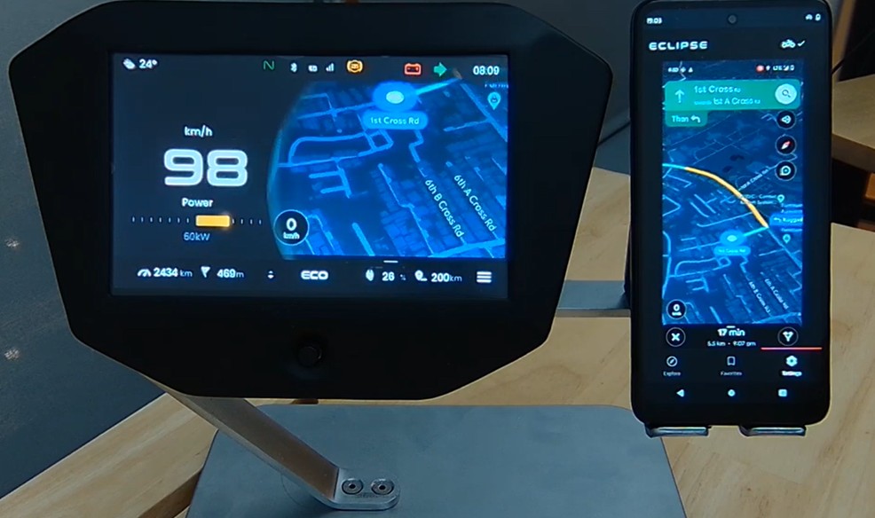 Project Eclipse — two-wheeler cluster with live map streaming and companion Android navigation app