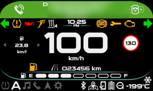 Connected two-wheeler cluster displaying an incoming call banner over the main ride view