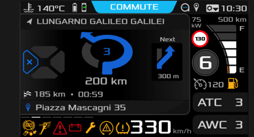 The same performance cluster switched to turn-by-turn navigation with street-level guidance