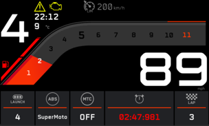 Supermoto ride mode cluster with shift light tacho, launch control and lap timer