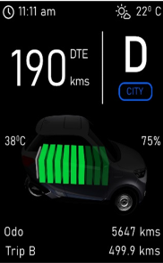 Electric two-wheeler cluster showing distance to empty, drive mode and battery pack state