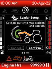 Wheel loader HMI showing a guided tool carrier setup dialog with machine graphic